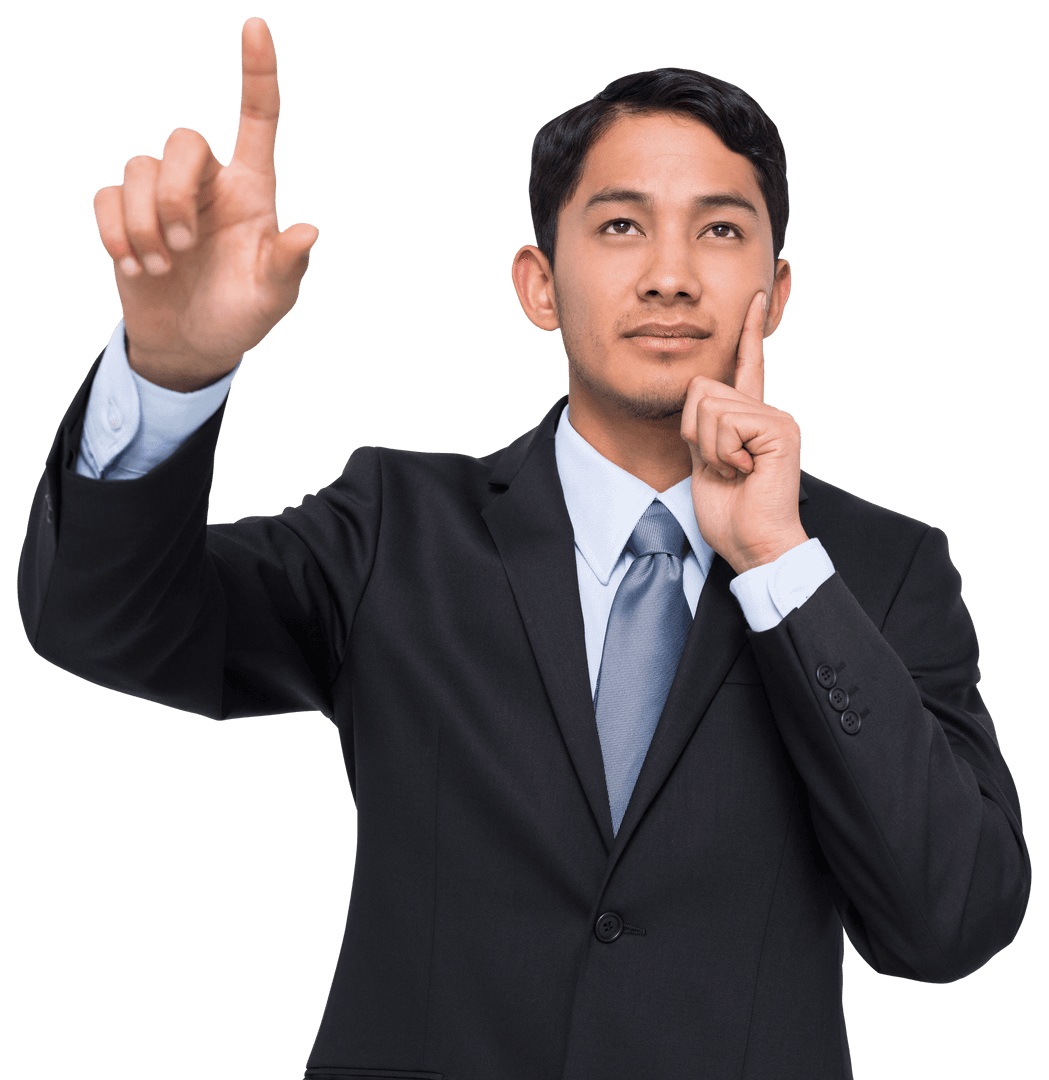 Confident Businessman Pointing in Focused Thoughtful Gesture Transparent Background