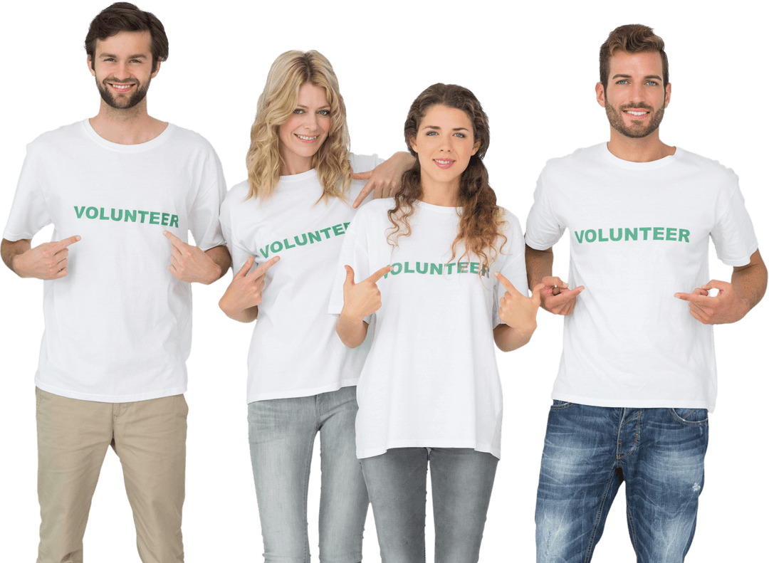 Group of Happy Volunteers Posing in Transparent Graphic T-shirts