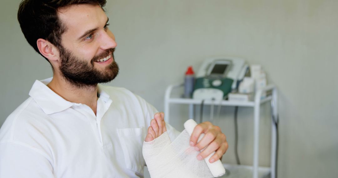 Man smiling while treating hand injury with bandage in clinic - Free Images, Stock Photos and Pictures on Pikwizard.com