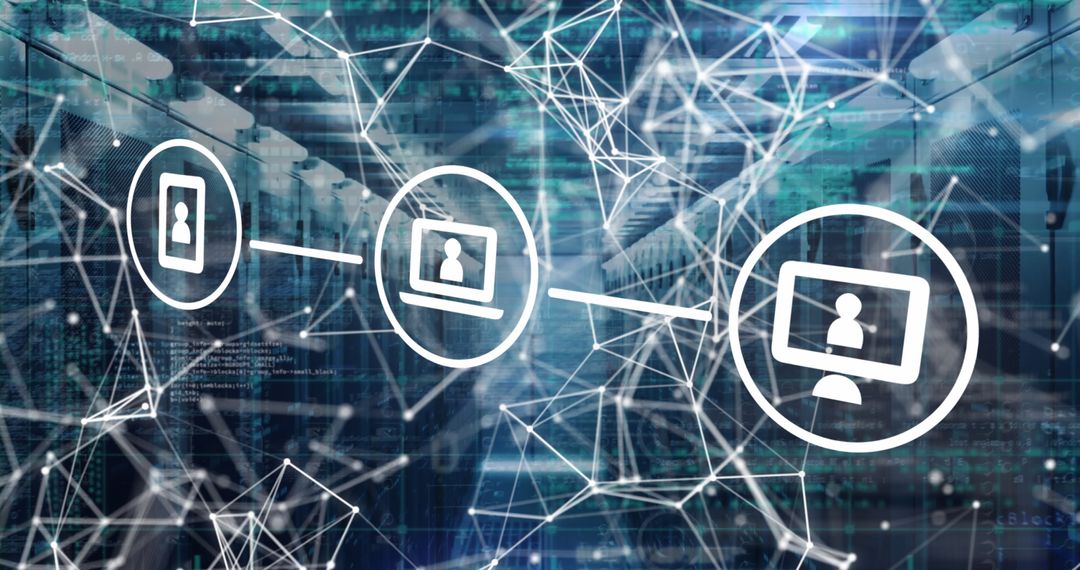 Digital Network Communication with Tech Icons Overlay