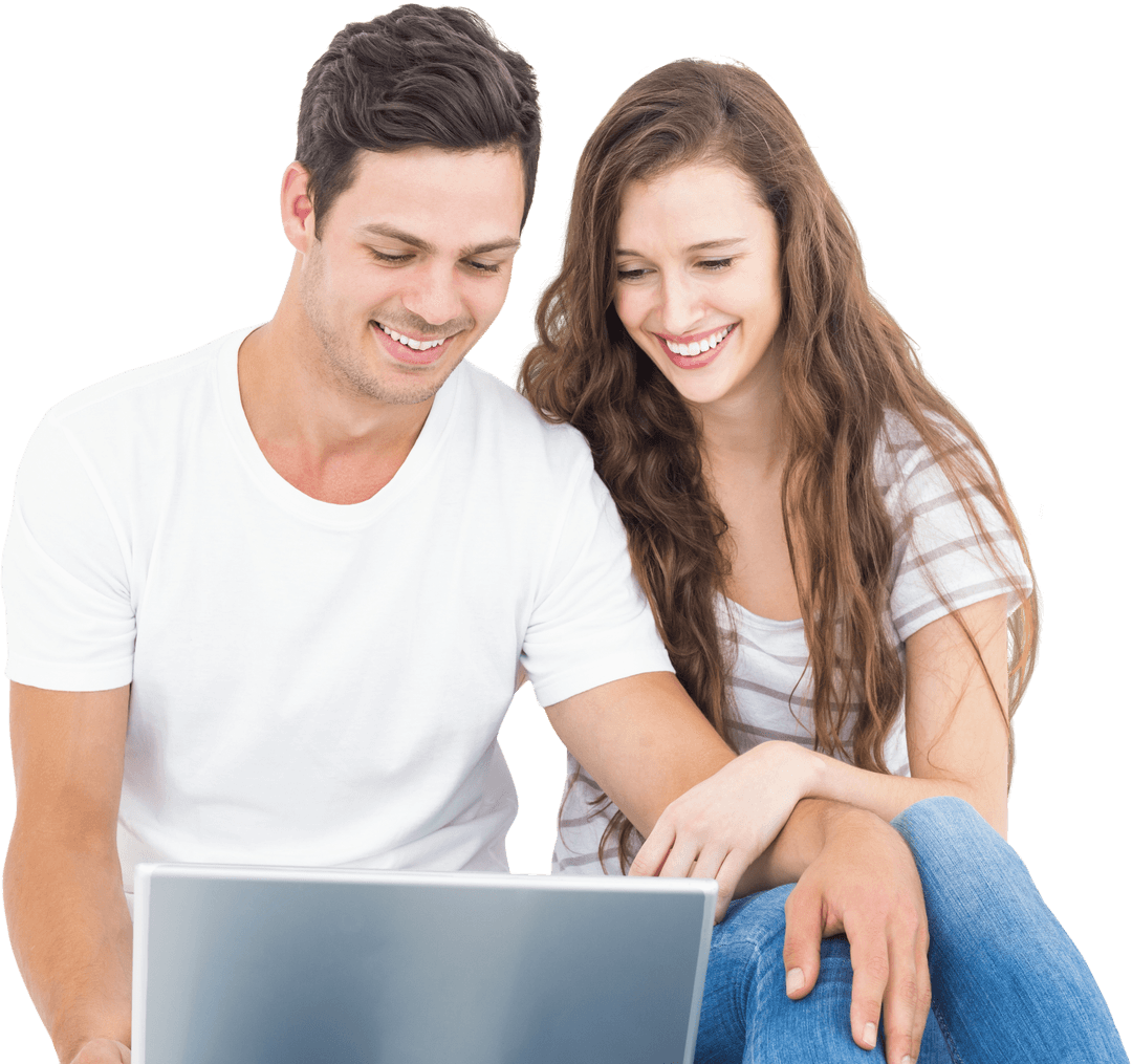 Happy Young Couple Using Laptop with Transparent Background