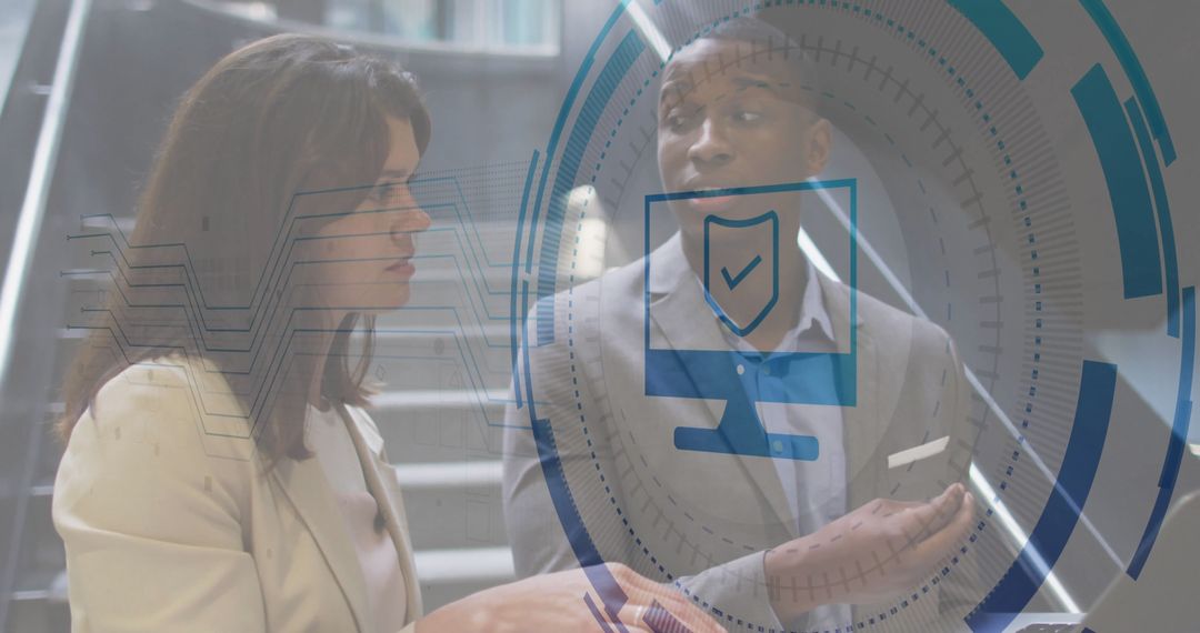 Professionals Discussing IT Security with Futuristic Digital Interface