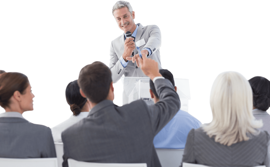 Transparent Business Speaker Addressing Audience and Promoting Interaction