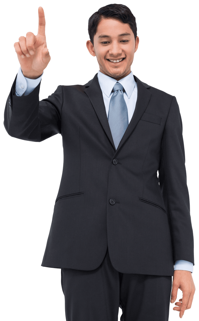 Smiling Biracial Businessman Pointing at Virtual Interface on Transparent Background