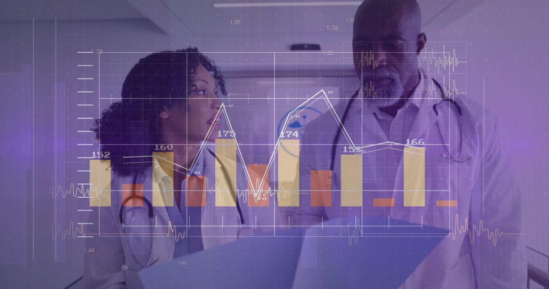Medical Professionals Collaborating with Data Charts Overlay