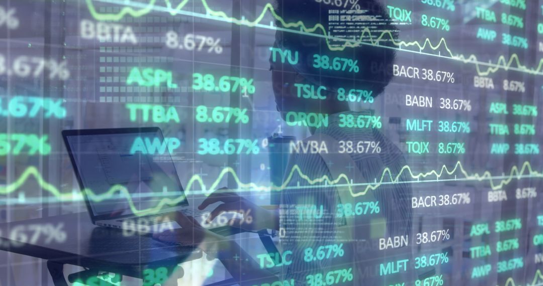 Businesswoman Analyzing Stock Data in Modern Workspace