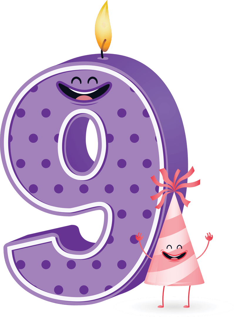 Celebratory Number 9 with Candle and Party Hat, Transparent Background