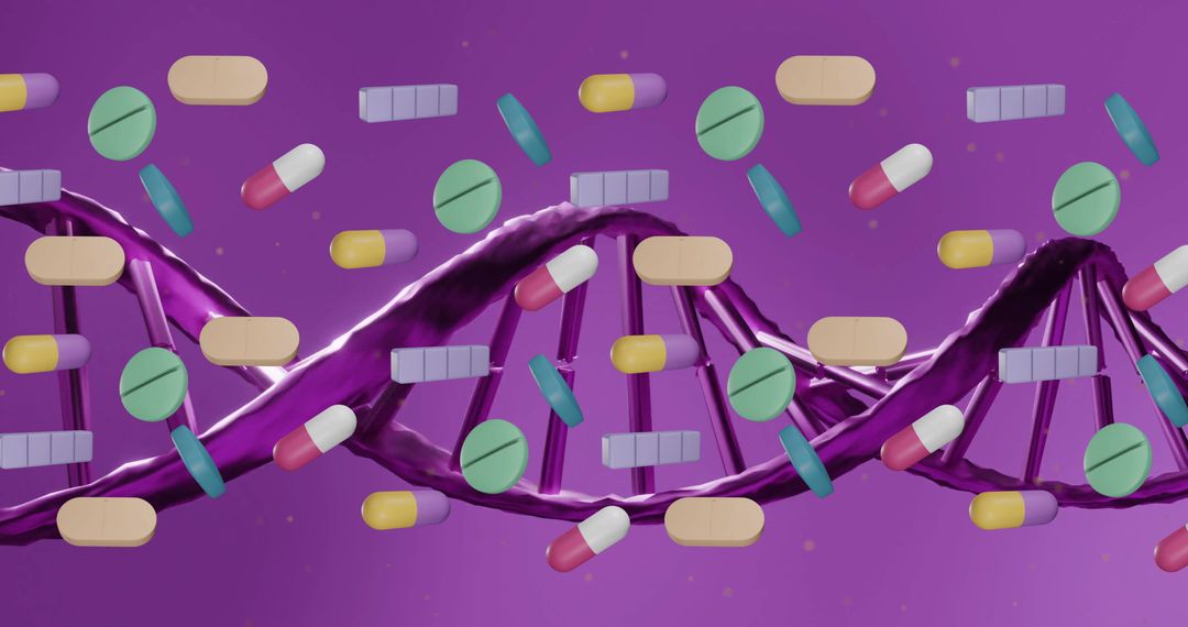 Colorful Pills and DNA Strand Representing Biotechnology Innovation