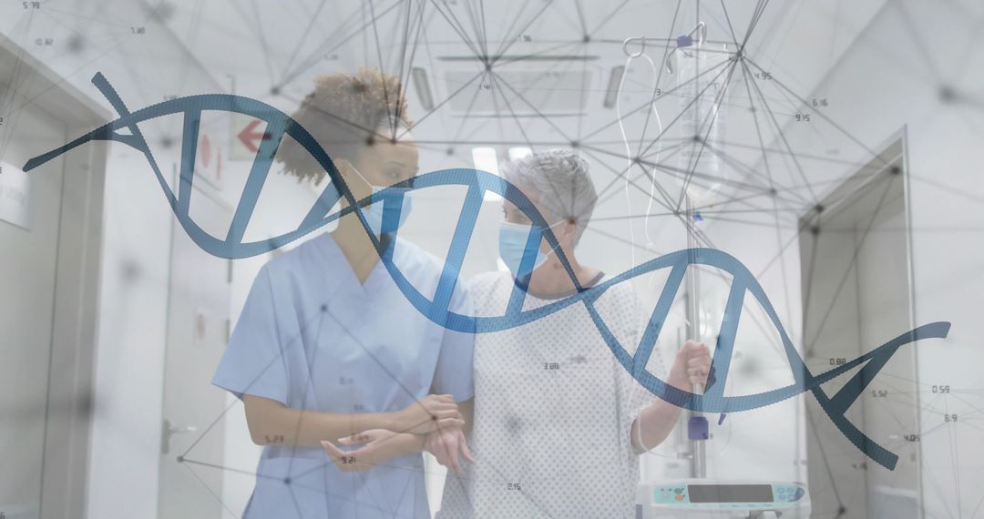 Nurse Aiding Patient with DNA Structure Overlay Reflecting Healthcare Science