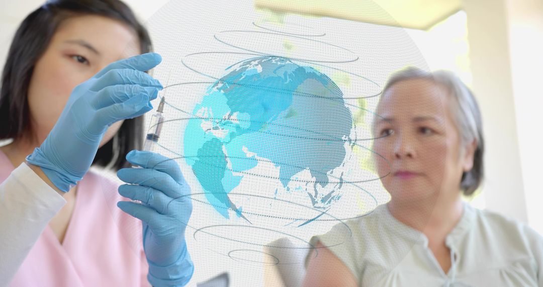 Nurse preparing vaccine for senior patient with digital globe illustrating global health