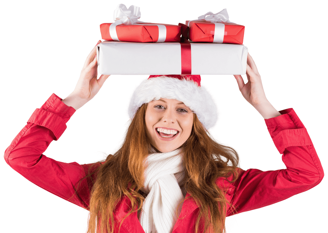 Cheerful Redhead Holding Transparent Holiday Gifts