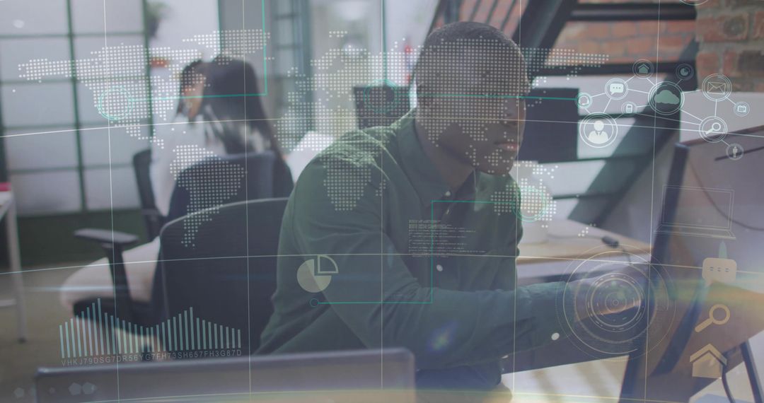 Innovative Technology in Modern Office with Digital Overlays