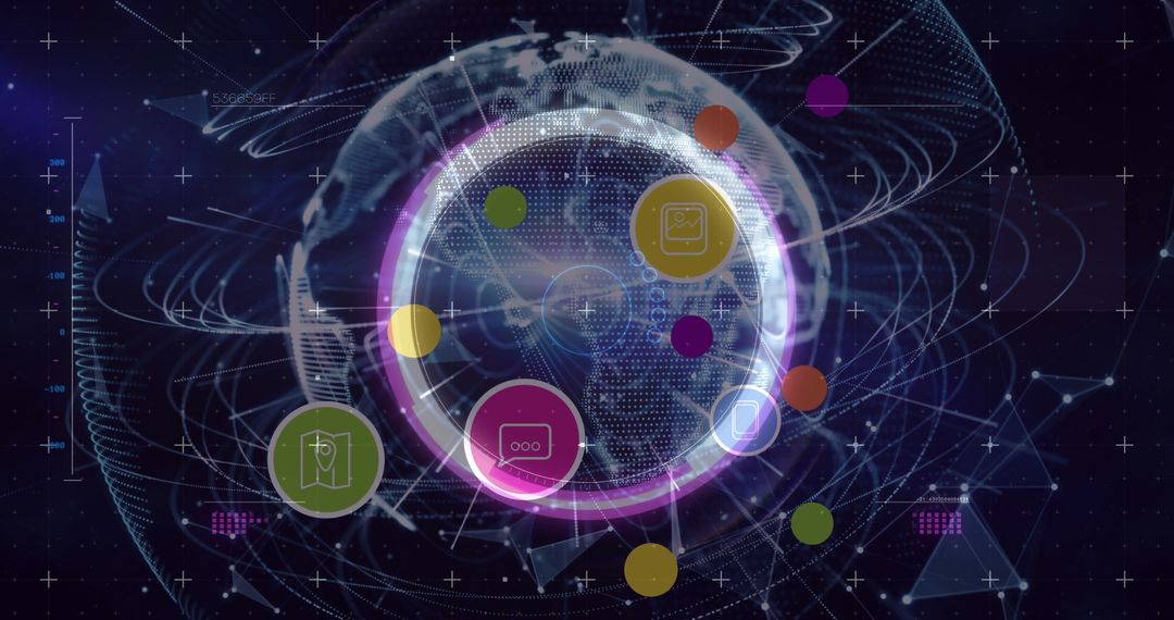 Digital Network Interface with Futuristic Globe and Icons