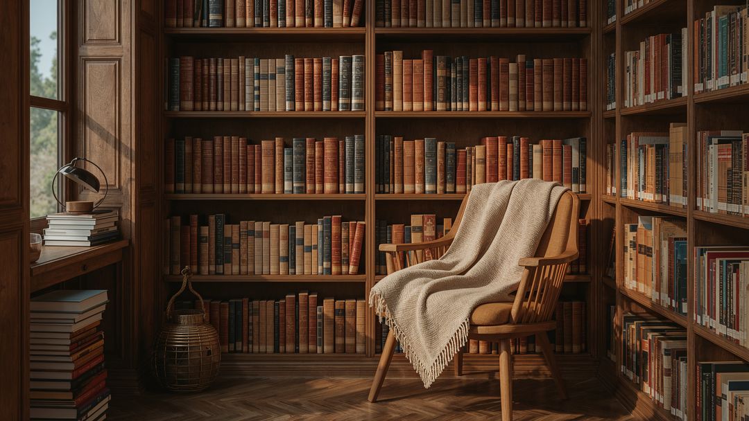 Cozy Library Nook with Armchair and Blanket