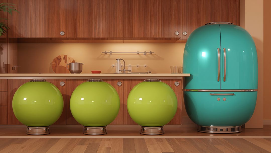 Showcasing glossy lime spherical stools and turquoise retro fridge in midcentury kitchen