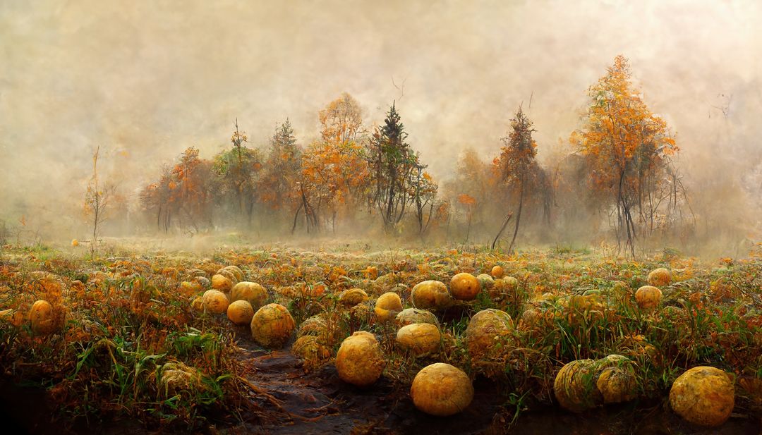 Pumpkin Field at Dawn with Mist and Autumn Trees in Background - Free Images, Stock Photos and Pictures on Pikwizard.com