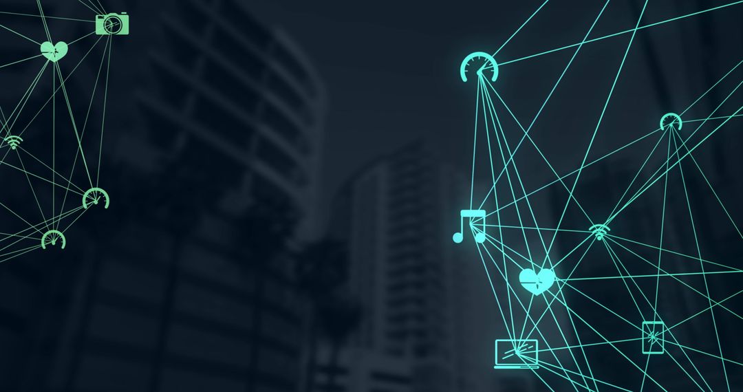 Digital Network of Connection Icons Over Urban Buildings