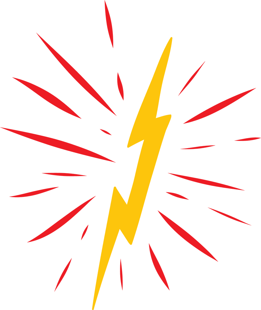 Yellow Thunderbolt with Red Sparkles on Transparent Background