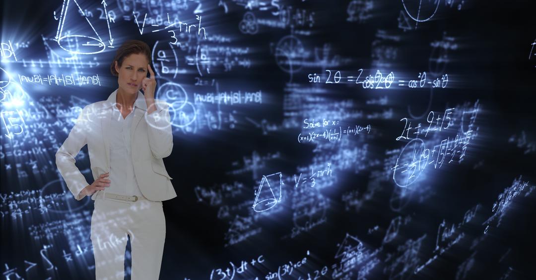 Digital composite image of confused businesswoman surrounded with equations - Free Images, Stock Photos and Pictures on Pikwizard.com
