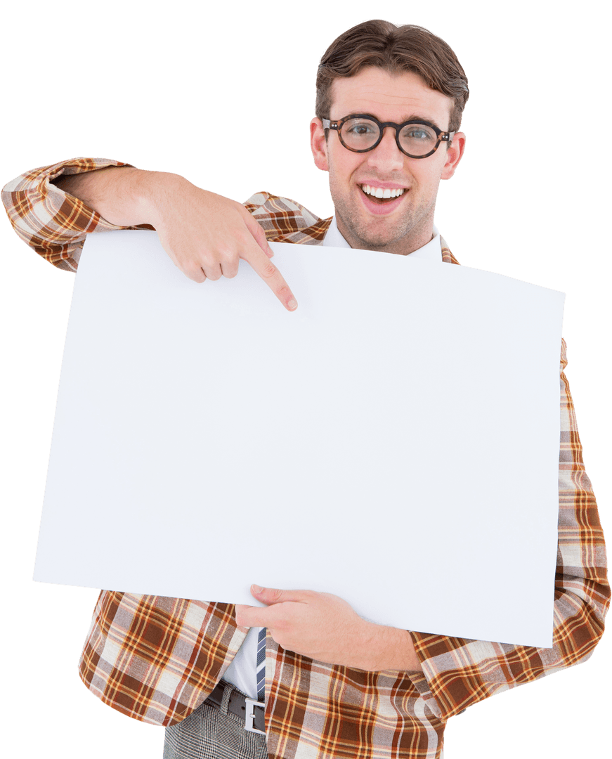 Smiling Hipster Pointing at Blank Transparent Card