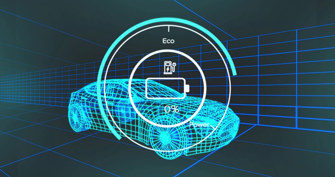 Futuristic 3D Wireframe of Car with Battery UI Overlay