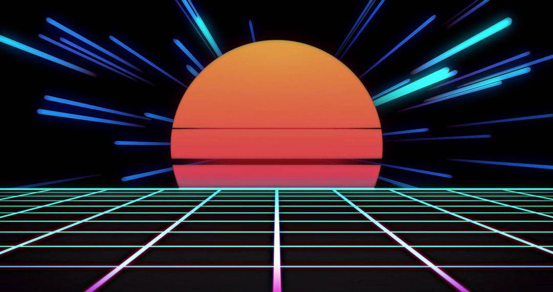 Retro Futuristic Sunset with Neon Grid and Light Streaks