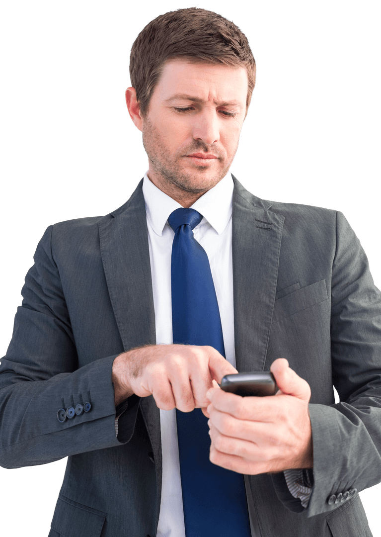 Transparent Businessman Typing on Smartphone Looking Focused