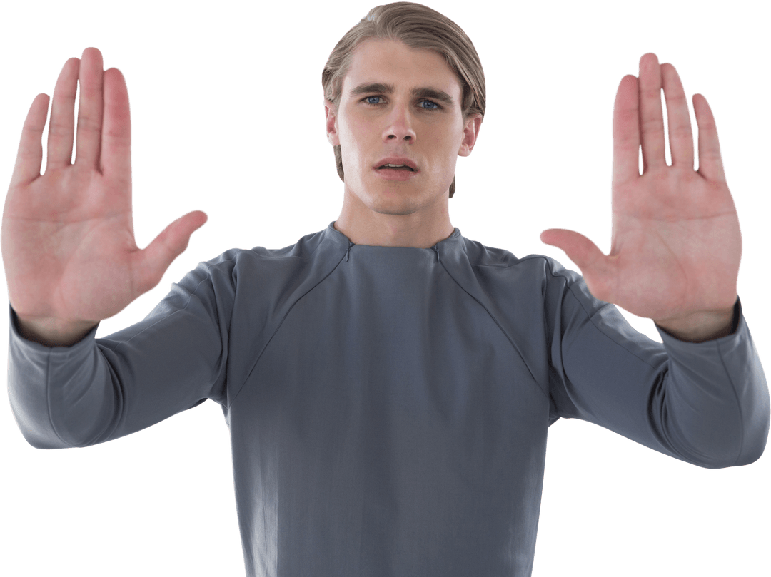 Young Man Wearing Grey Sweater with Transparent Open-Handed Gestures