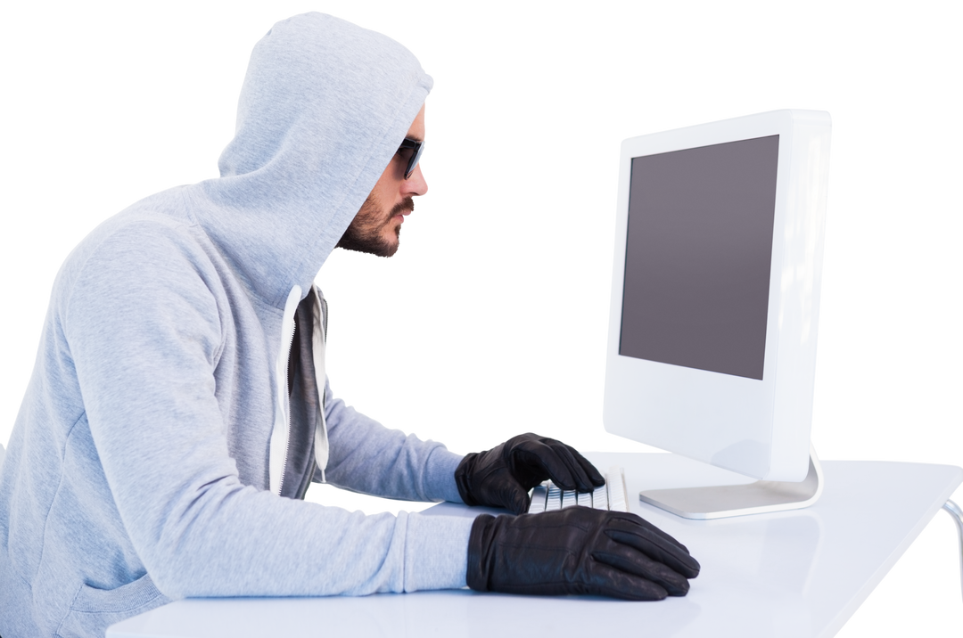 Caucasian Burglar in Hood and Gloves Using Computer Transparent Background - Download Free Stock Images Pikwizard.com