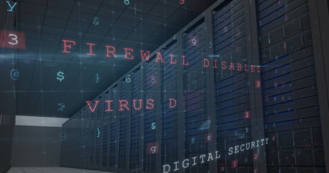 Cyber Attack Warning in Server Room with Digital Security Overlay