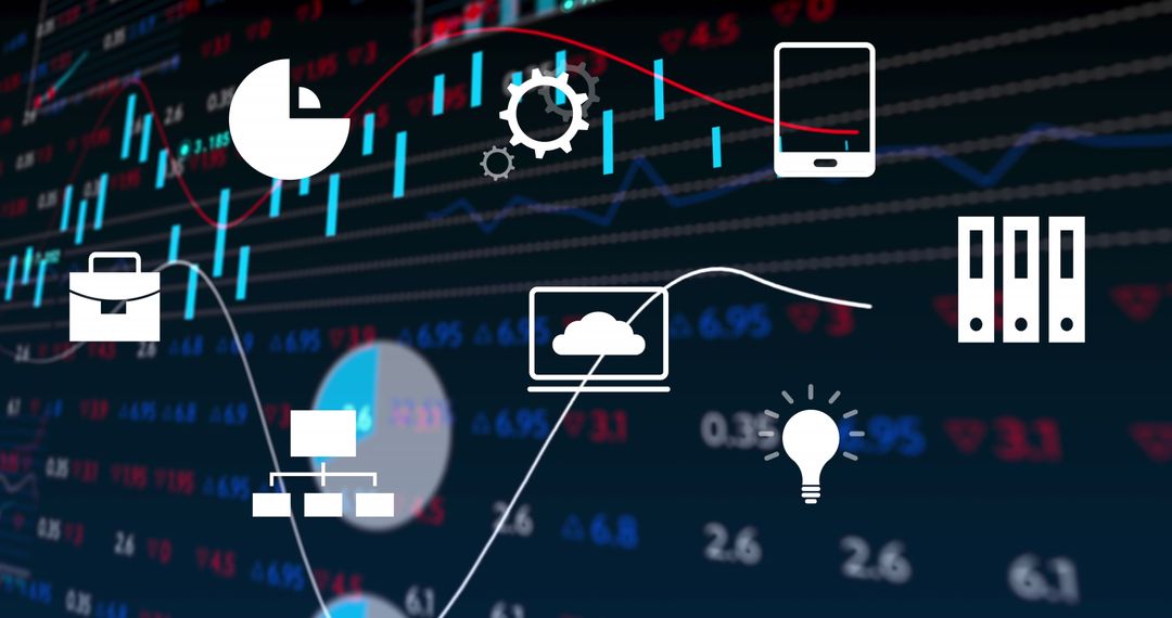 Digital Business Icons Overlayed on Stock Market Data Display