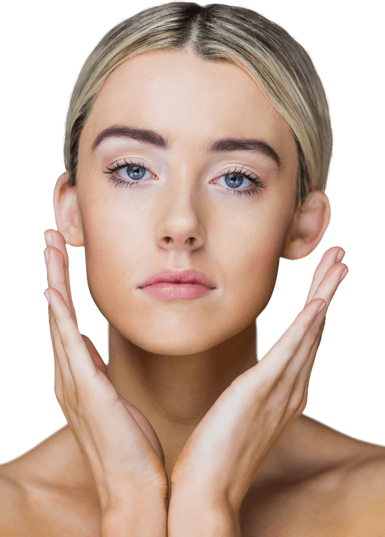 Transparent Portrait of Woman with Serious Expression and Hands Framing Face