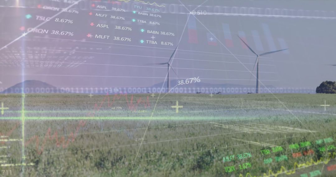 Stock Market Data Overlaying Wind Turbines in Agriculture Field