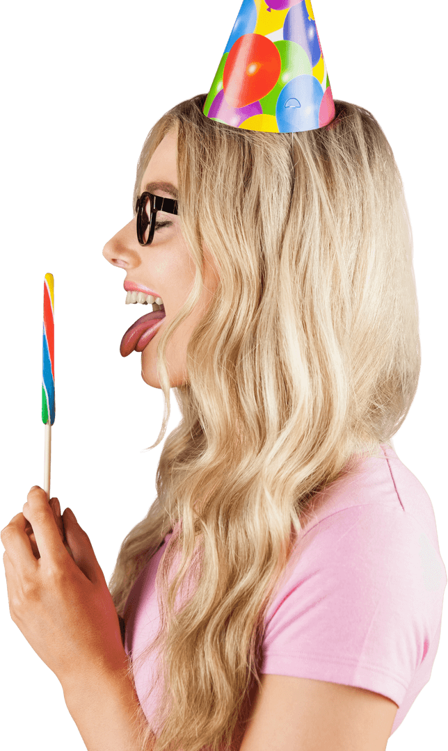 Transparent Hipster Celebrating with Giant Lollipop and Colorful Party Hat