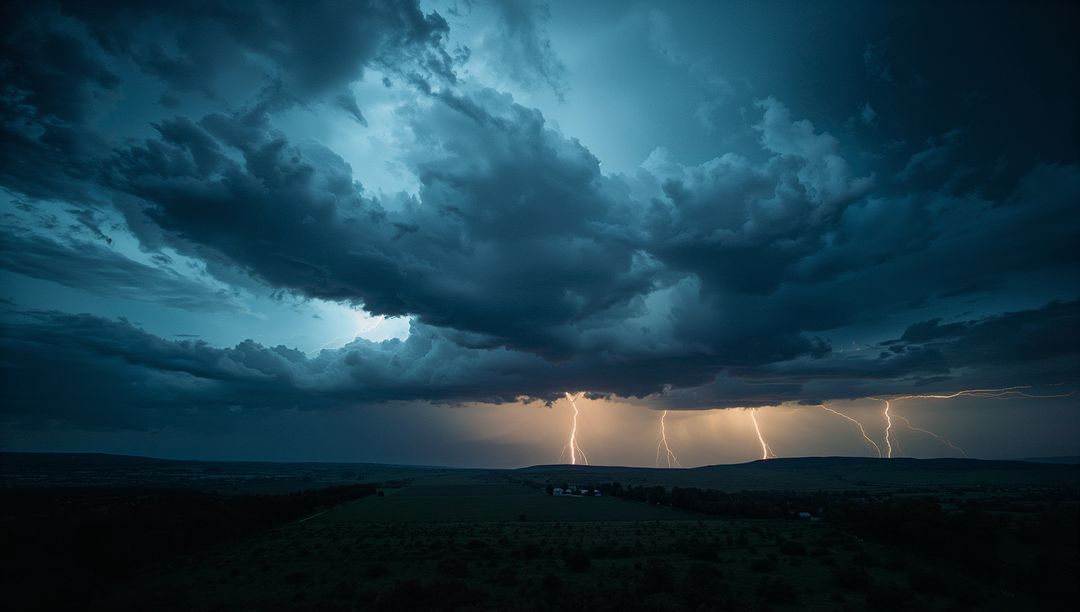 Dramatic Thunderstorm with Intense Lightning over Rural Landscape