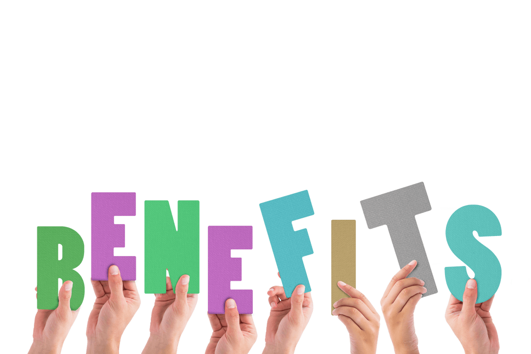 Hands Holding Colorful Benefits Text on Transparent Background