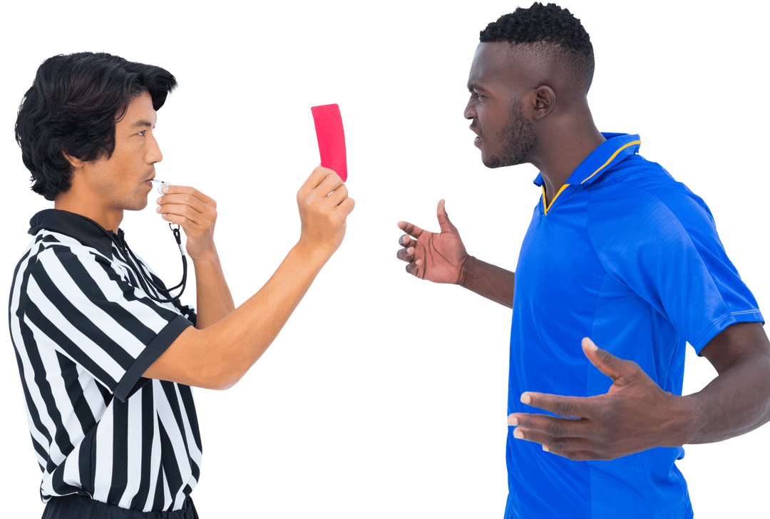 Referee Showing Red Card to Angry Soccer Player on Transparent Background