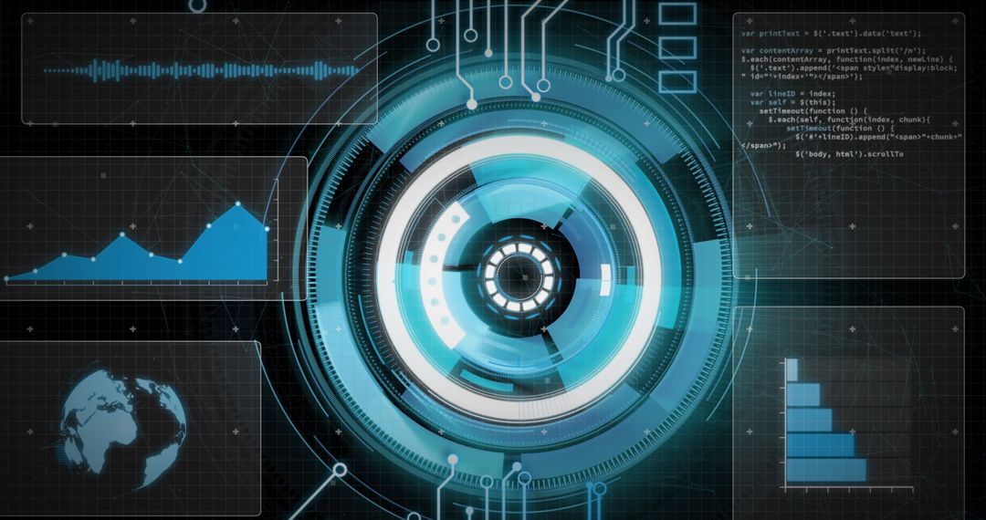 Futuristic Digital Interface with Circular Scanner and Charts