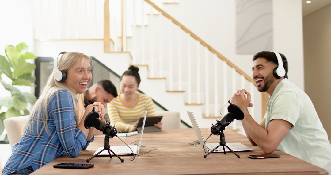 Diverse Team Podcasting in Modern Studio Setting