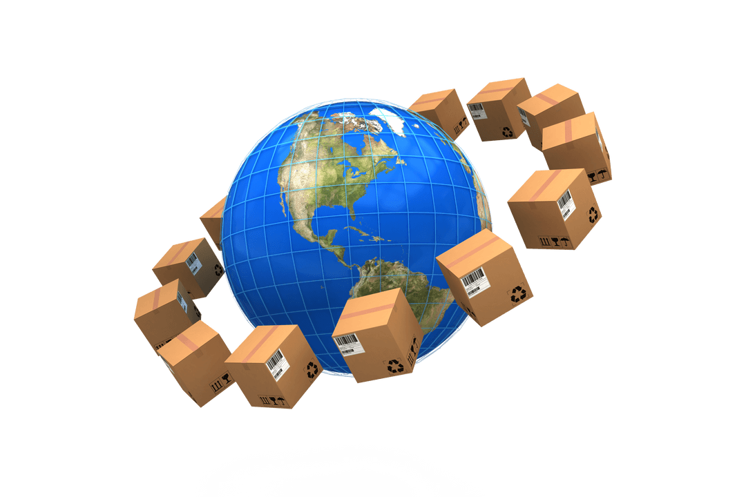 Transparent global delivery concept with cardboard boxes around Earth