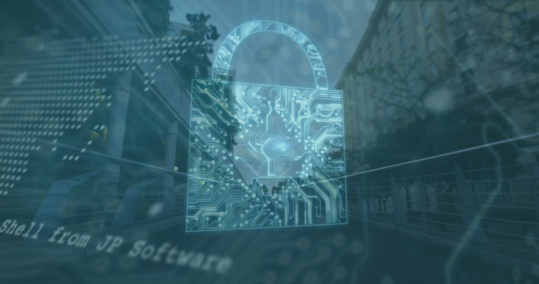 Cyber Security Padlock with Digital Circuit Overlay