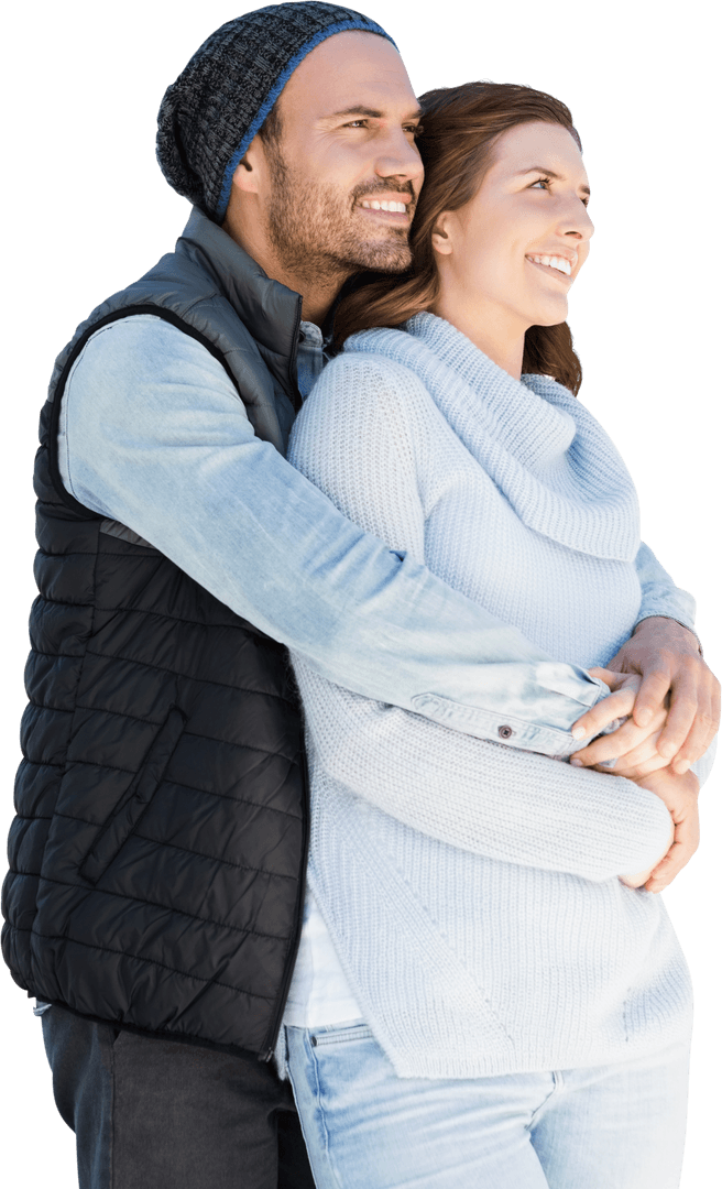 Transparent Couple Embracing and Smiling Outdoors