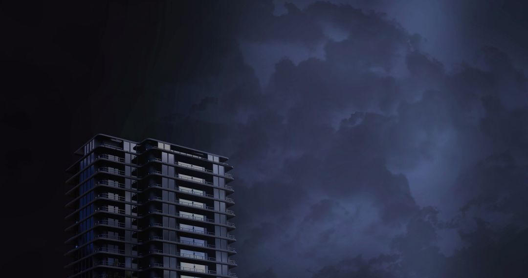 Dark Atmospheric Cityscape with Lightning and Skyscraper