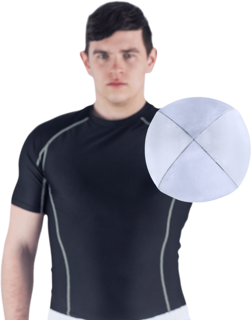 Rugby Player Holding Transparent Ball in Outstretched Hand