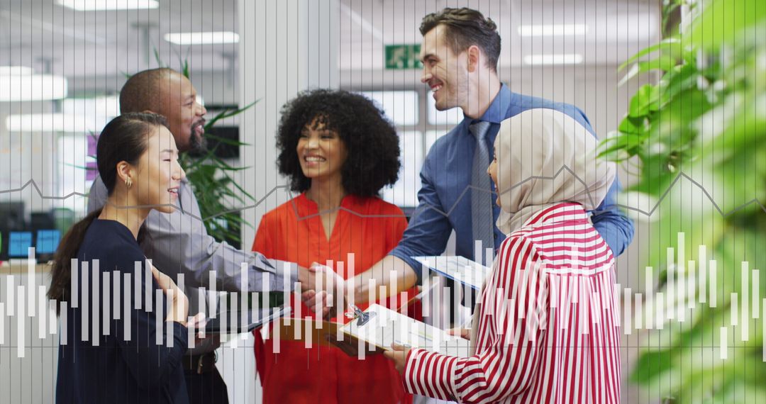 Diverse Business Team and Financial Data Overlay in Modern Office