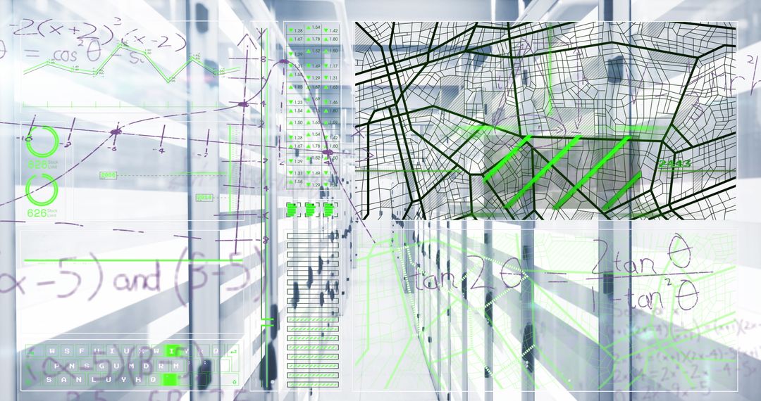 Futuristic Data Center Corridor with Network Topology and Formula Overlays