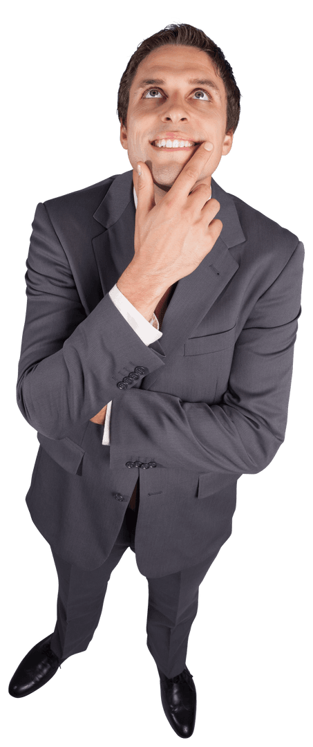 Transparent Businessman in Suit Touching Chin in Thoughtful Pose