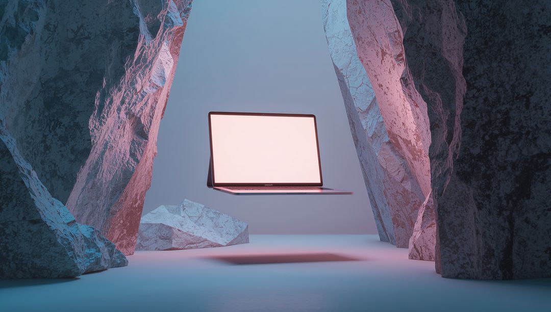 Futuristic Floating Laptop in Minimalist Cave Setting