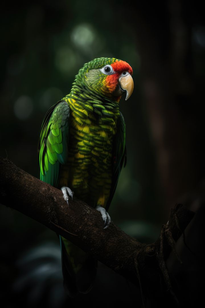 Beautiful Green Parrot Perched on Tree Branch in Tropical Forest - Free Images, Stock Photos and Pictures on Pikwizard.com