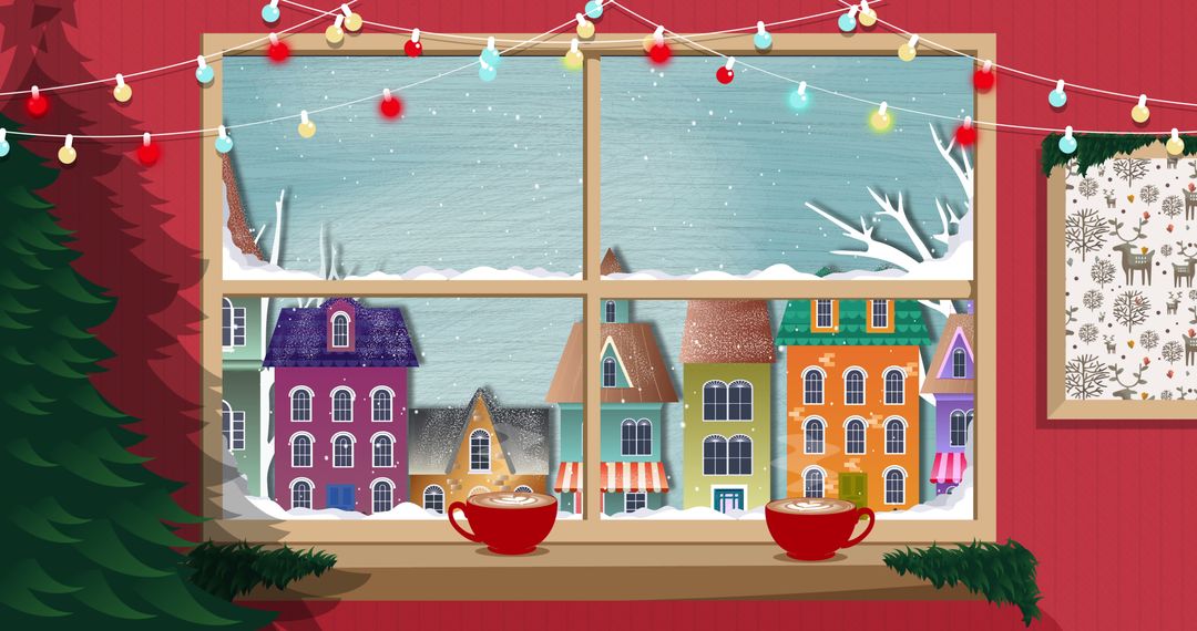 Cozy Winter Window View with Snowy Townscape and Warm Drinks